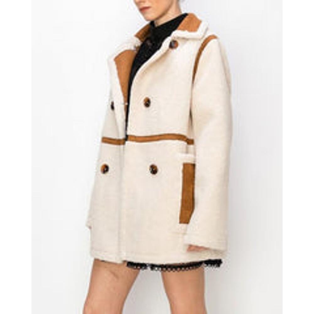 Ina Faux Shearling Suede Double Breasted Coat Jacket Cream Ivory Brown L NWT - Picture 3 of 13